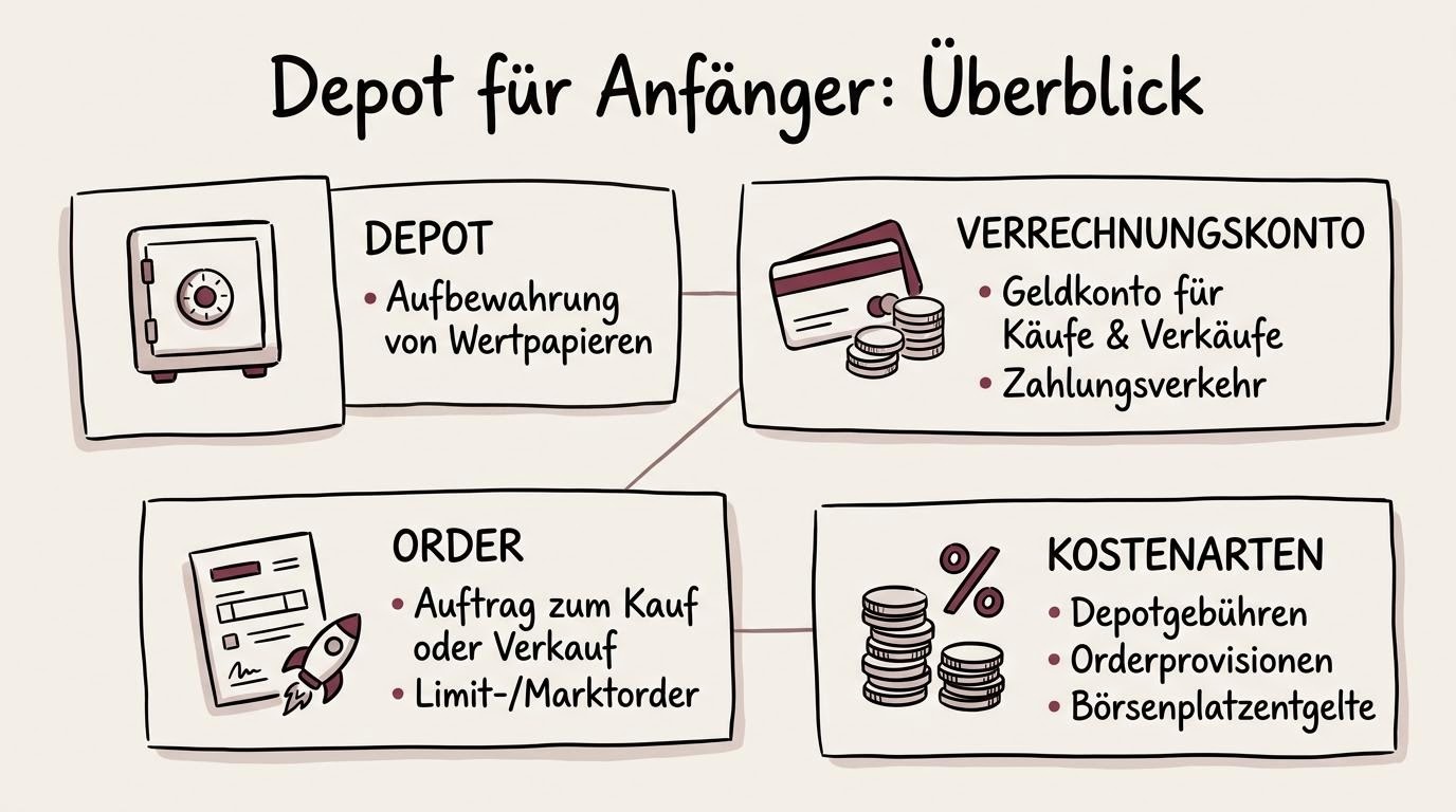 Überblicksskizze für Einsteiger mit den wichtigsten Bausteinen eines Depots